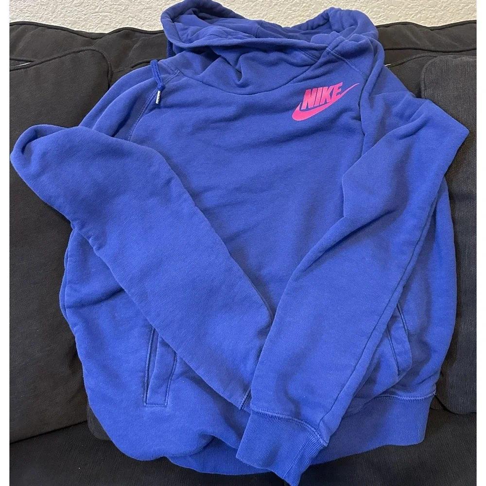 VINTAGE Nike Sportswear Rally Funnel Cowl Neck Hoodie Women Med Pullover Blue